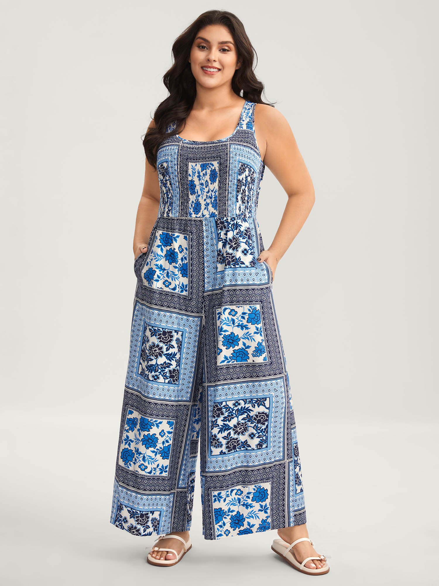 Floral Collage Shirred Straight-Leg Jumpsuit