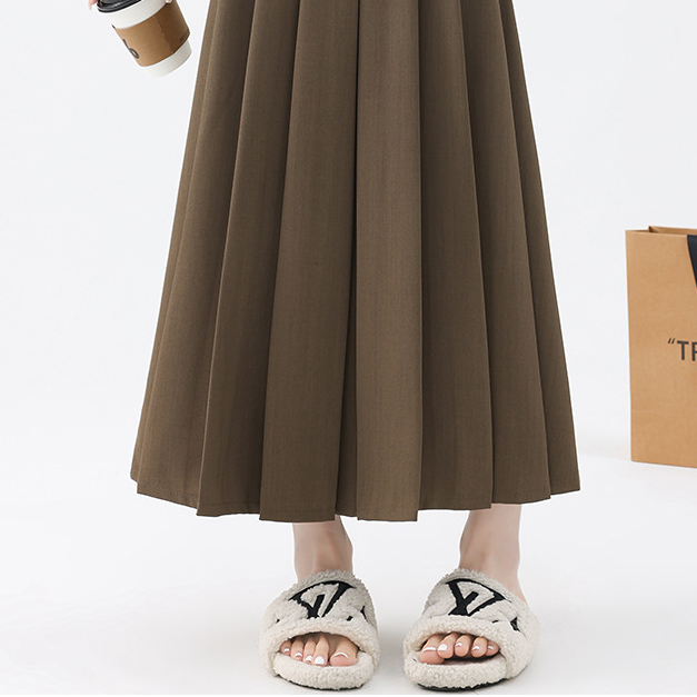 Brown High waist show thin pleated skirt belt suit skirt