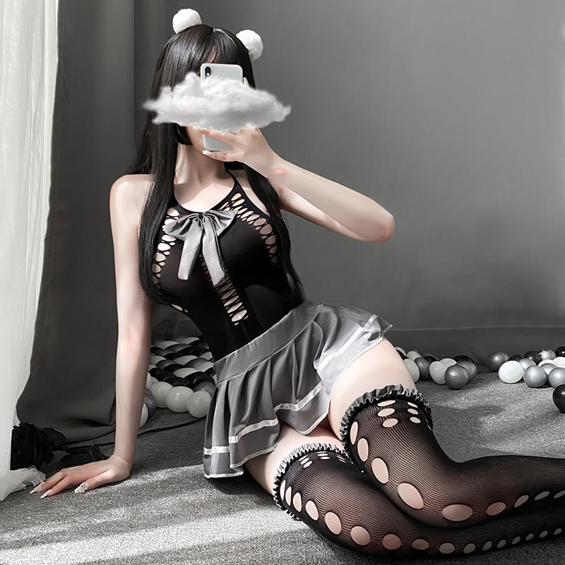 See-through Bow Hollow Out Backless Lingerie Set