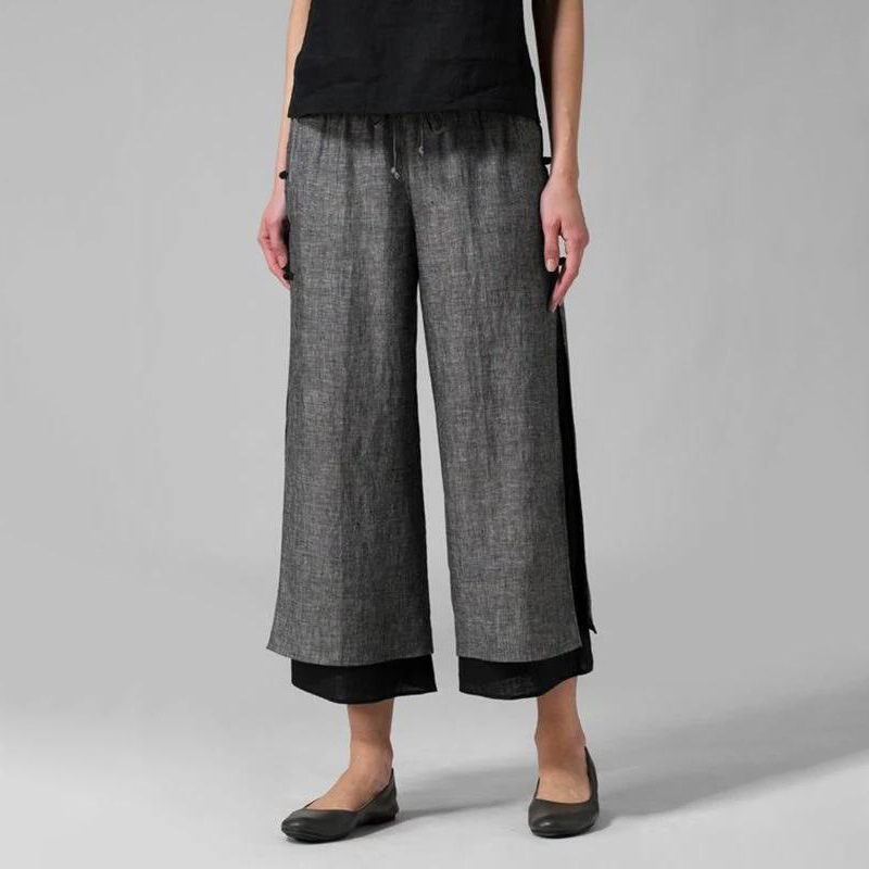 Casual Color Block Buckle Slit Loose Cropped Pants