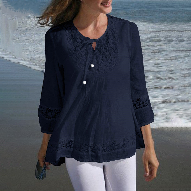 Temperament Sleeve Loose Women's Top: Cotton and Linen Stitching with Lace Detail