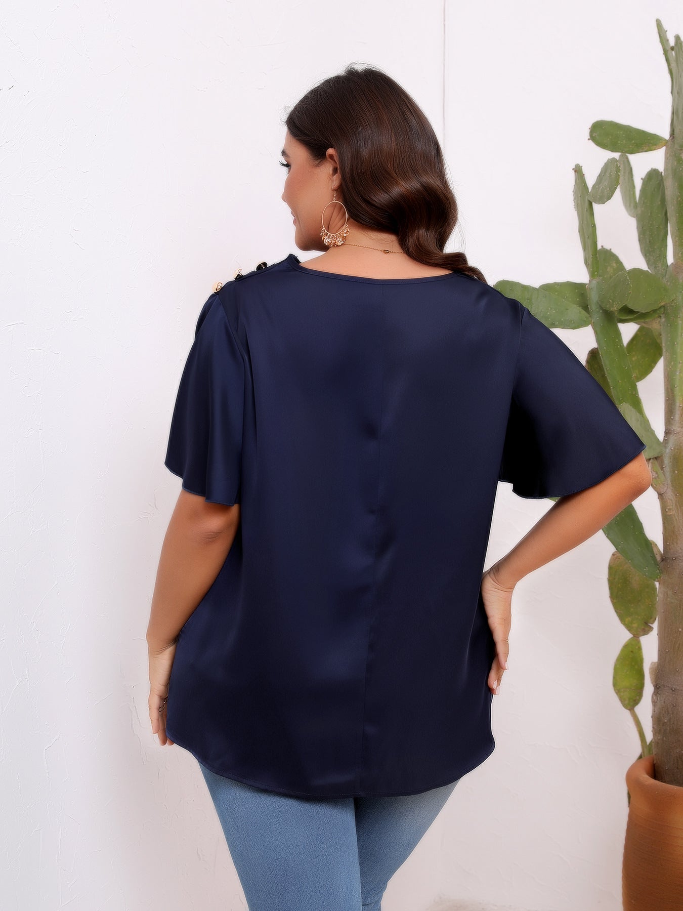 Plus Size Women Clothing Solid Color Satin Artificial Silk Pullover Oblique Shoulder Button Pleated Ruffle Sleeve Office Top Women Shirt
