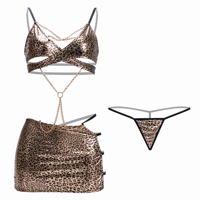 Sexy Leopard Print Halter Chain Backless Lingerie Dress