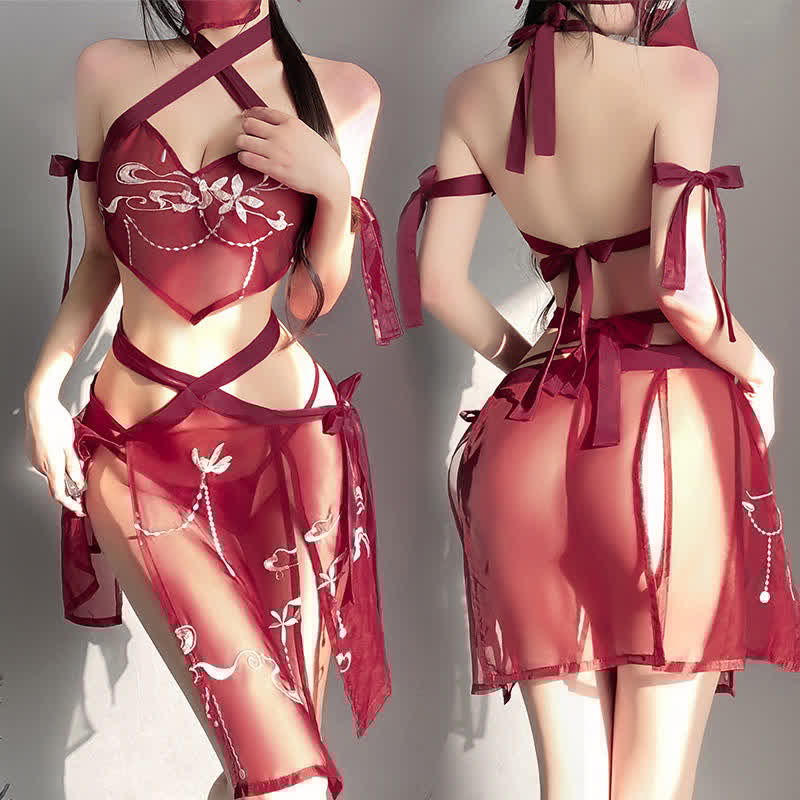 Han Costume Vintage Embroidery See Through Split Lingerie Set