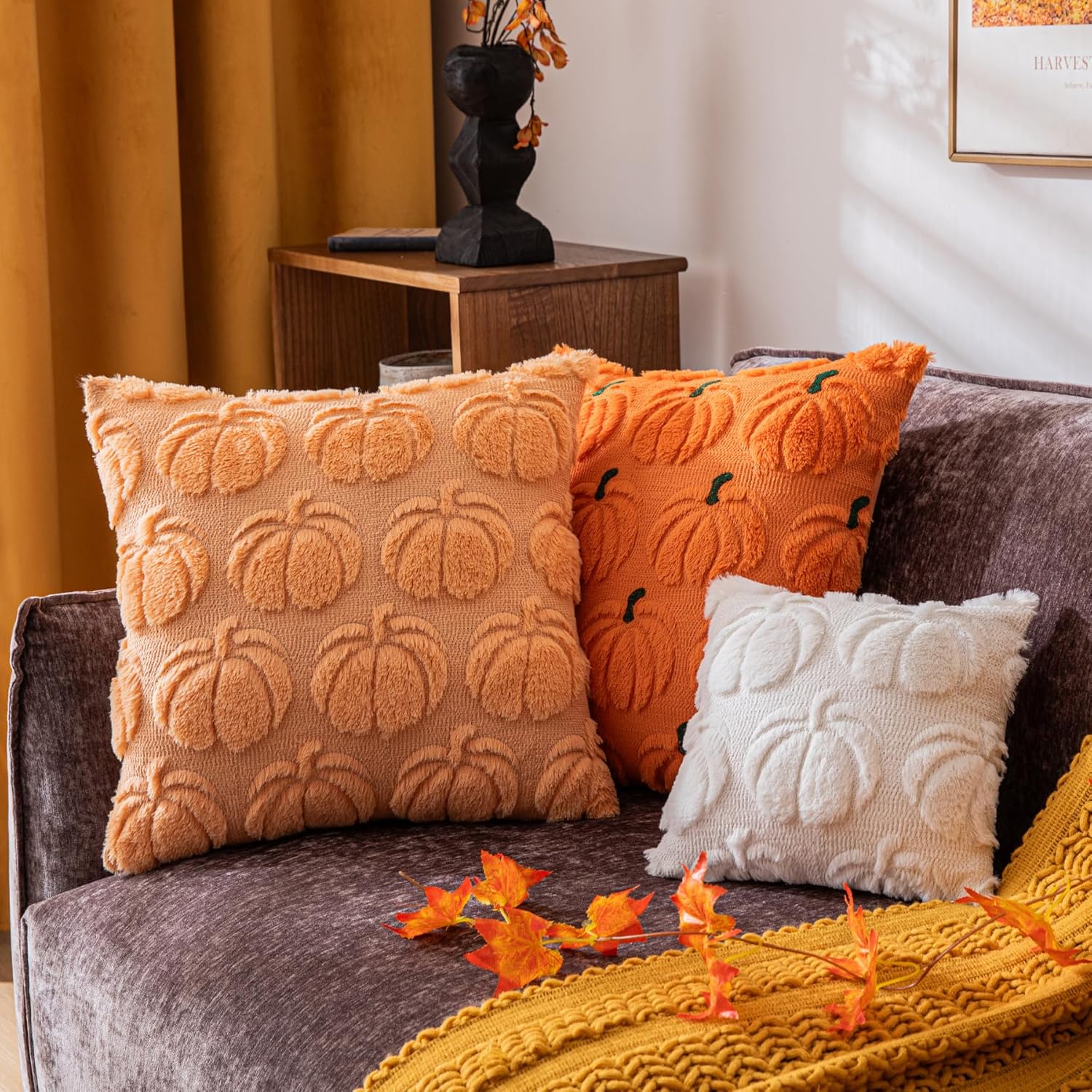 Pumpkin Fall Decorative Throw Pillow Covers, Fluffy Plush Accent Pillow Cases