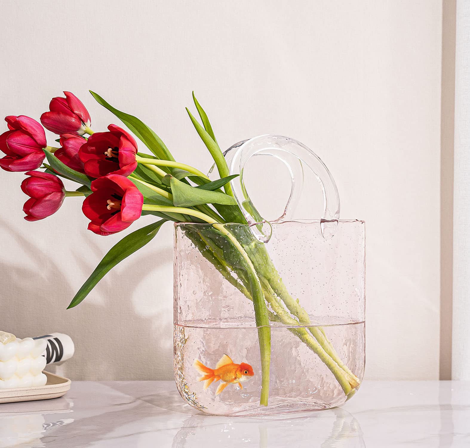 Glass Purse Vases for Flowers,Hand Blown Pink Vase with Bubbles in It