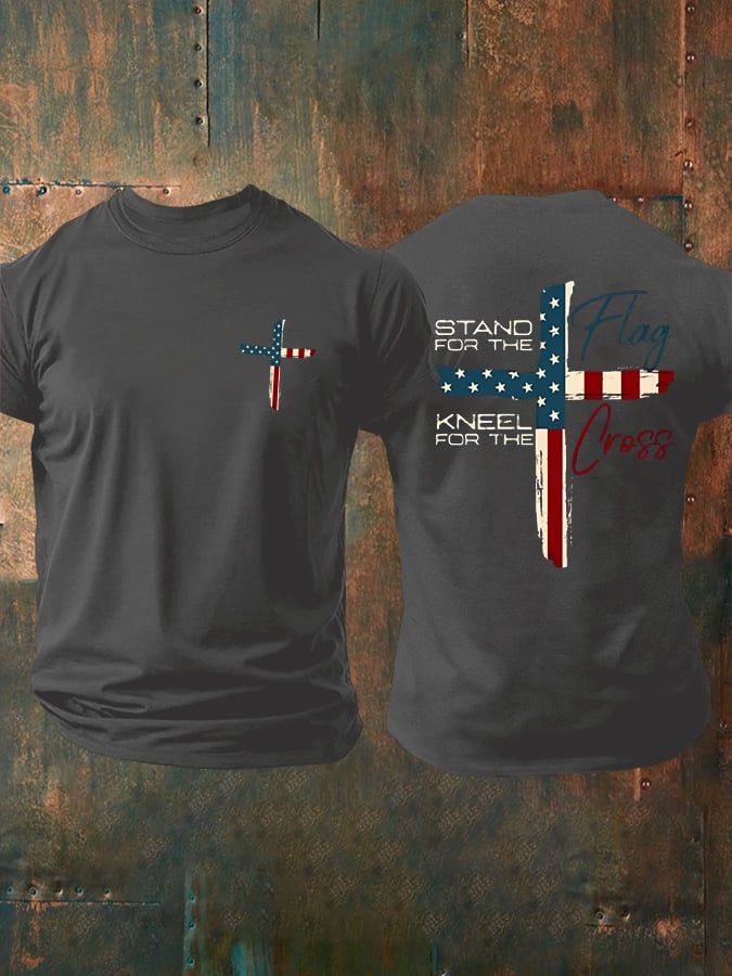 🔥Hot Sale Picks 🔥Men's Stand For The Flag Kneel For The Cross Printed Casual T-Shirt
