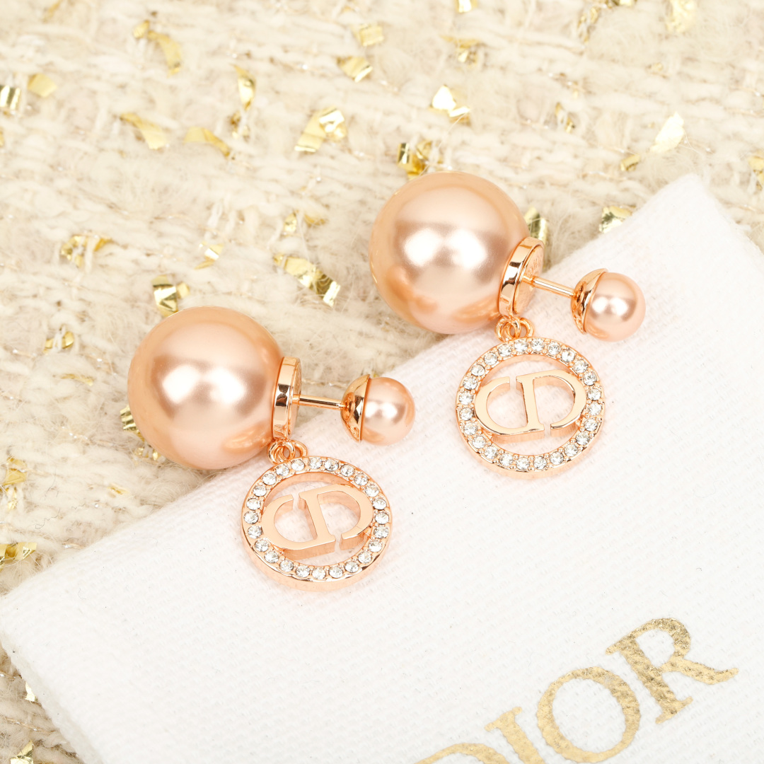 Dior Round Crystal CD Double Ball Pearl Earrings