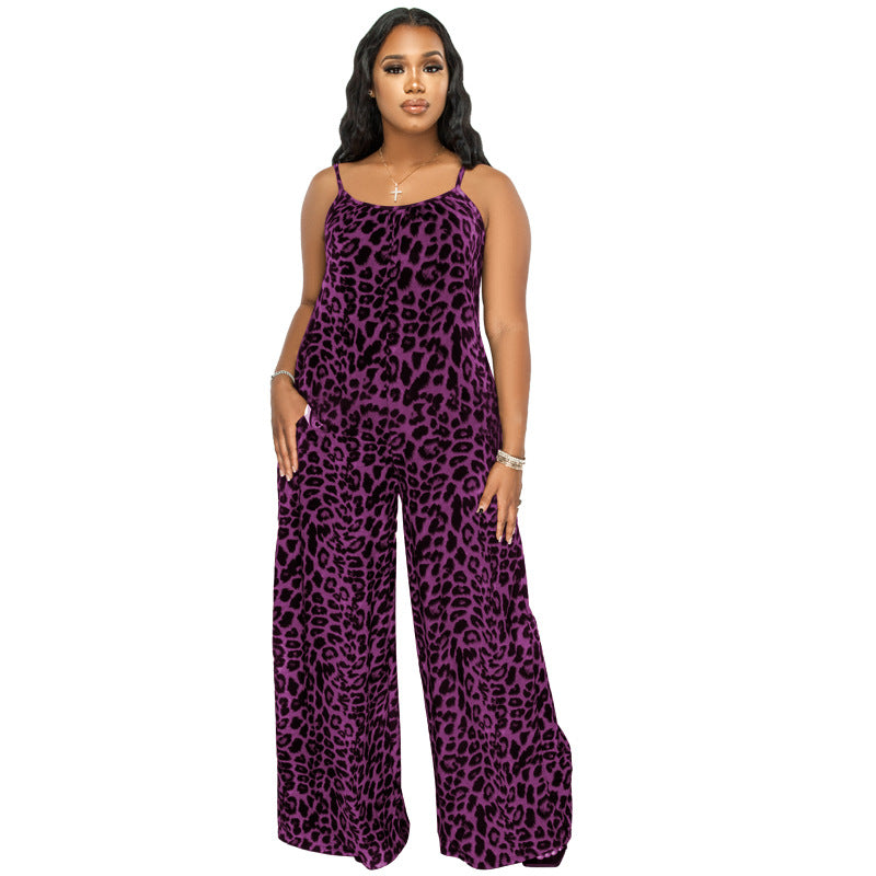 Plus Size New Jumpsuit Summer Leopard Print Sling Casual Jumpsuit