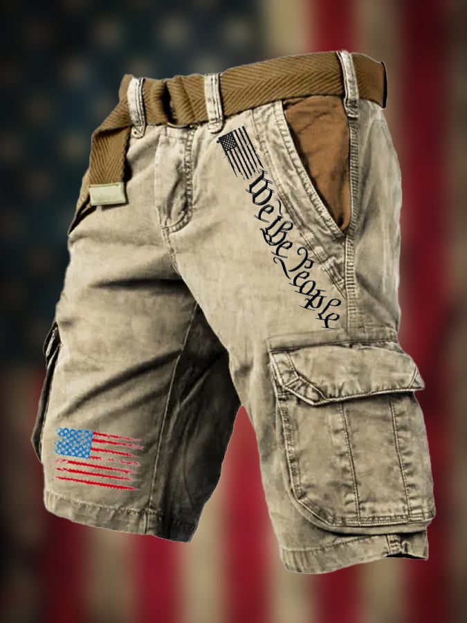 Men's Vintage Flag Independence Day Multi-Pocket Print Cargo Shorts (Belt Not Included)
