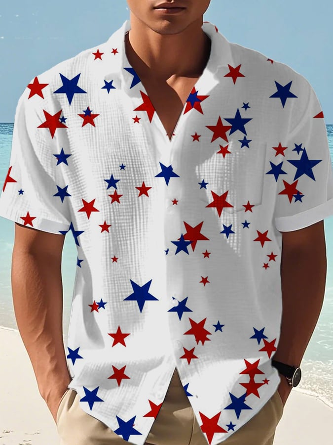 Men's Casual Vacation Independence Day Print Waffle Pocket Shirt