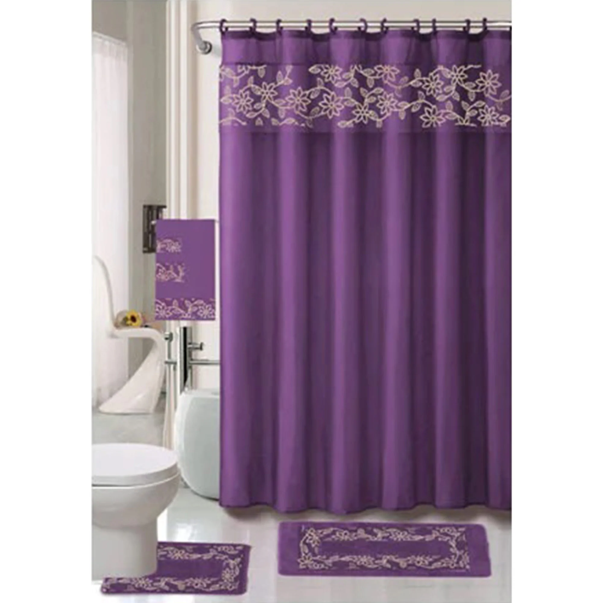 All For You 18 Piece Embroidered Non-Slip Bath Rug, Shower Curtain and Towel Set