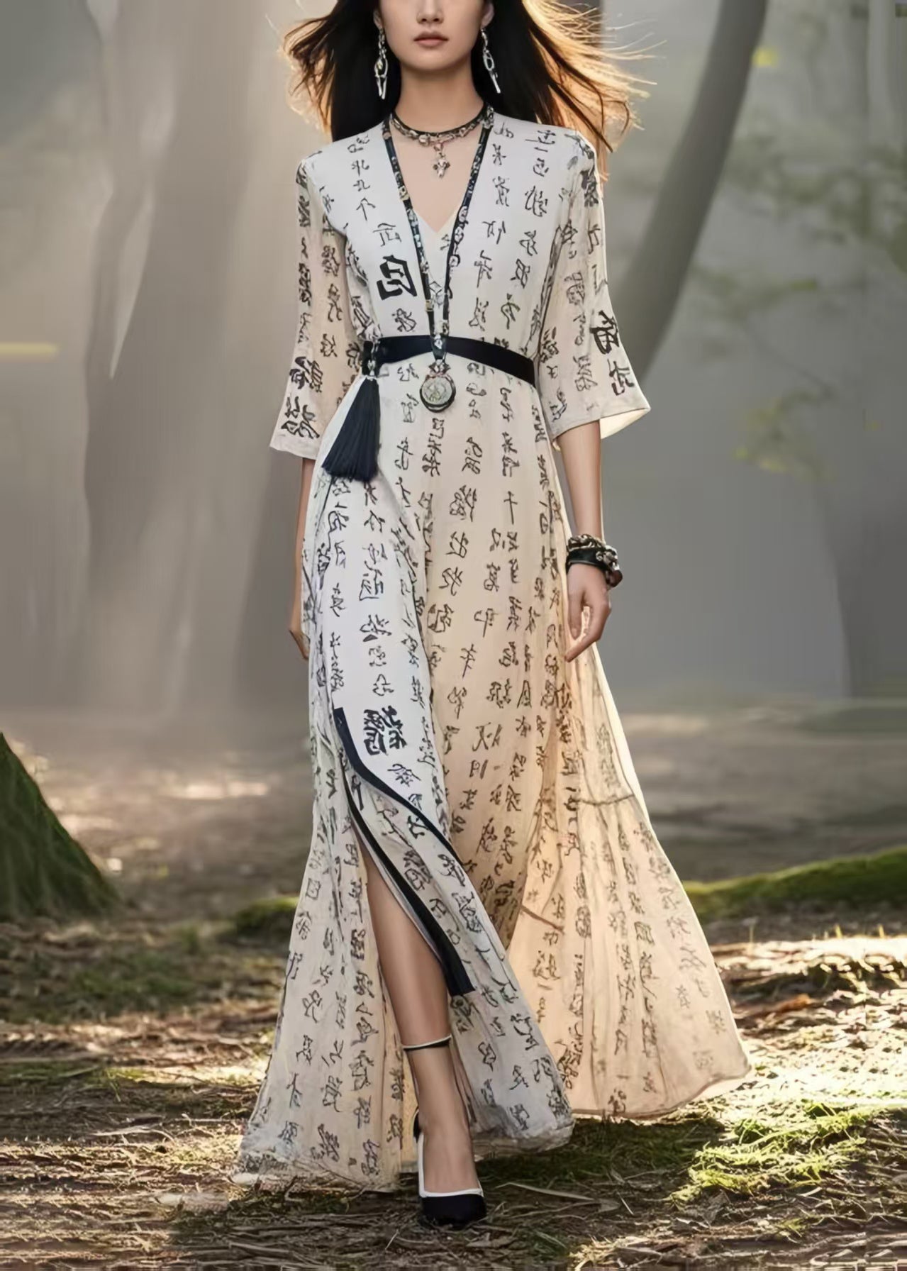 Art White Tasseled Print Chiffon Holiday Dresses Summer