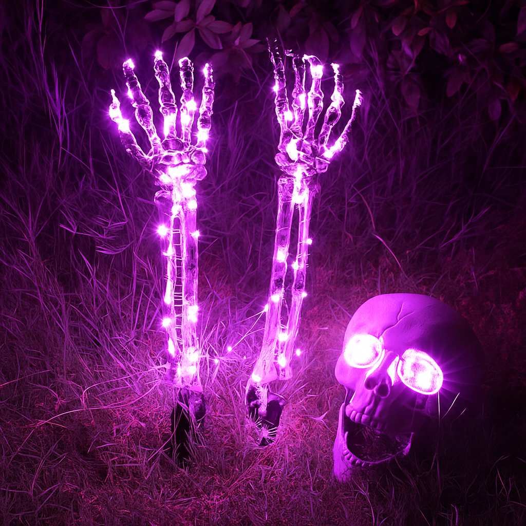 💀Halloween Skeleton Arms Stakes And Skeleton head Led Decorations-Adjusted Wrist,Waterproof ,LED with 8 Lighting Modes