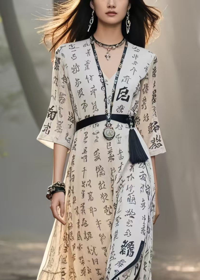 Art White Tasseled Print Chiffon Holiday Dresses Summer