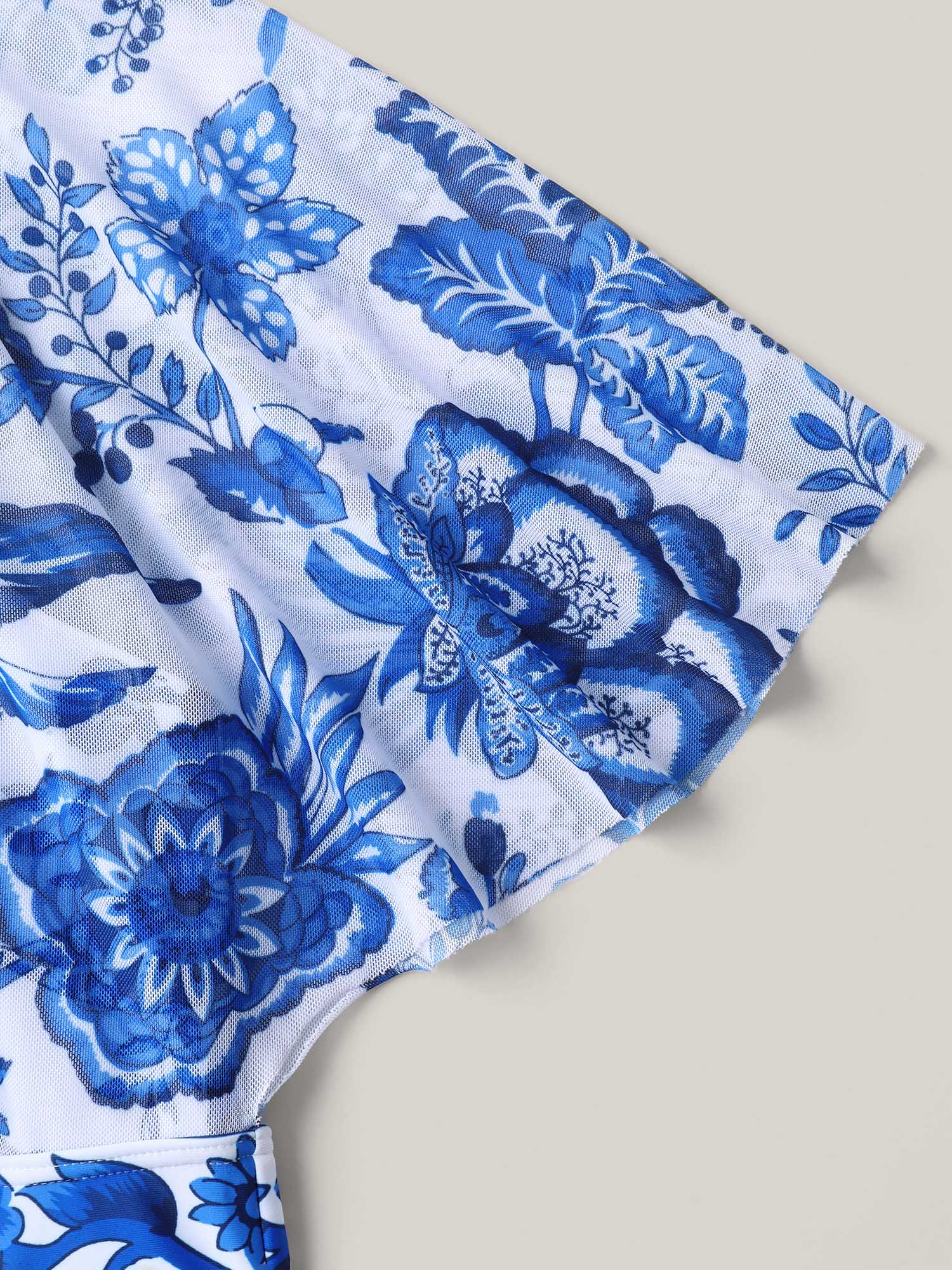 Ruched Sheer Floral One-Piece Swimsuit