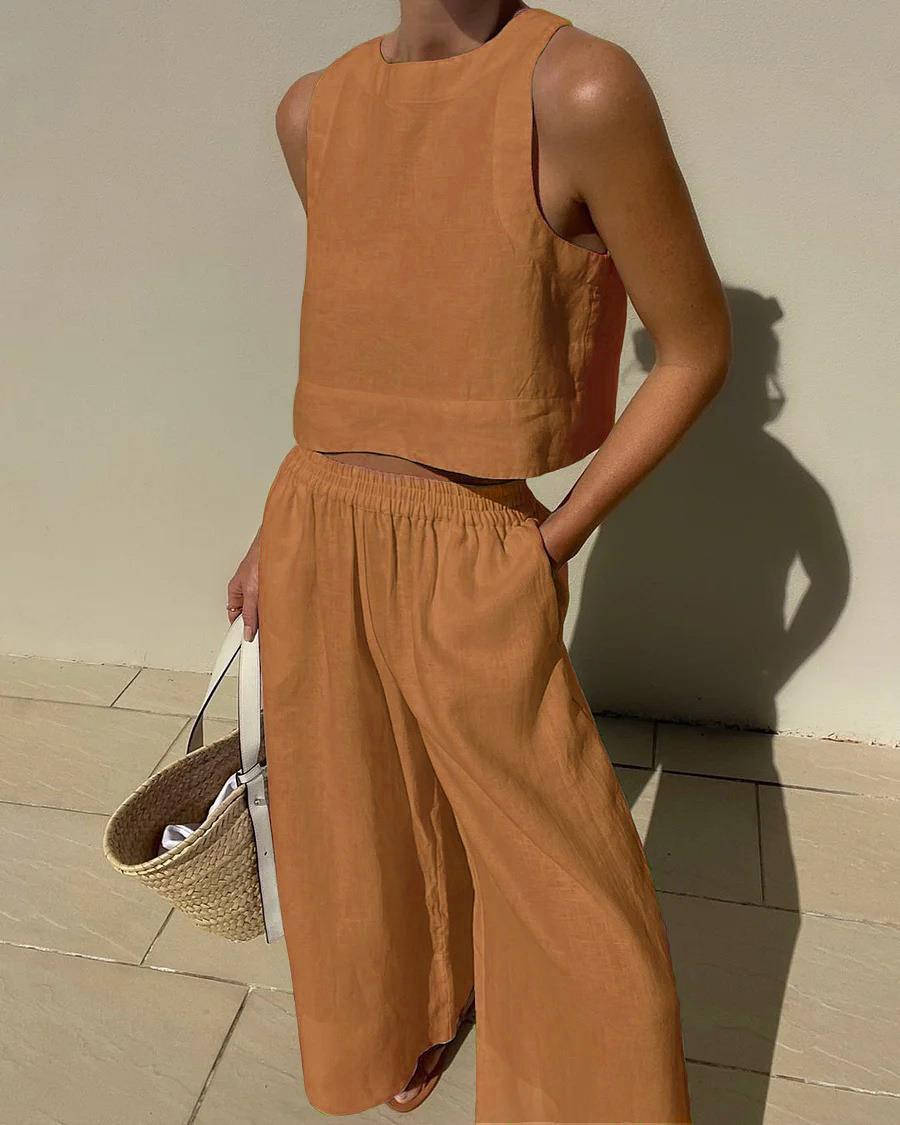Women'S Casual Solid Color Cotton And Linen Two-Piece Suit