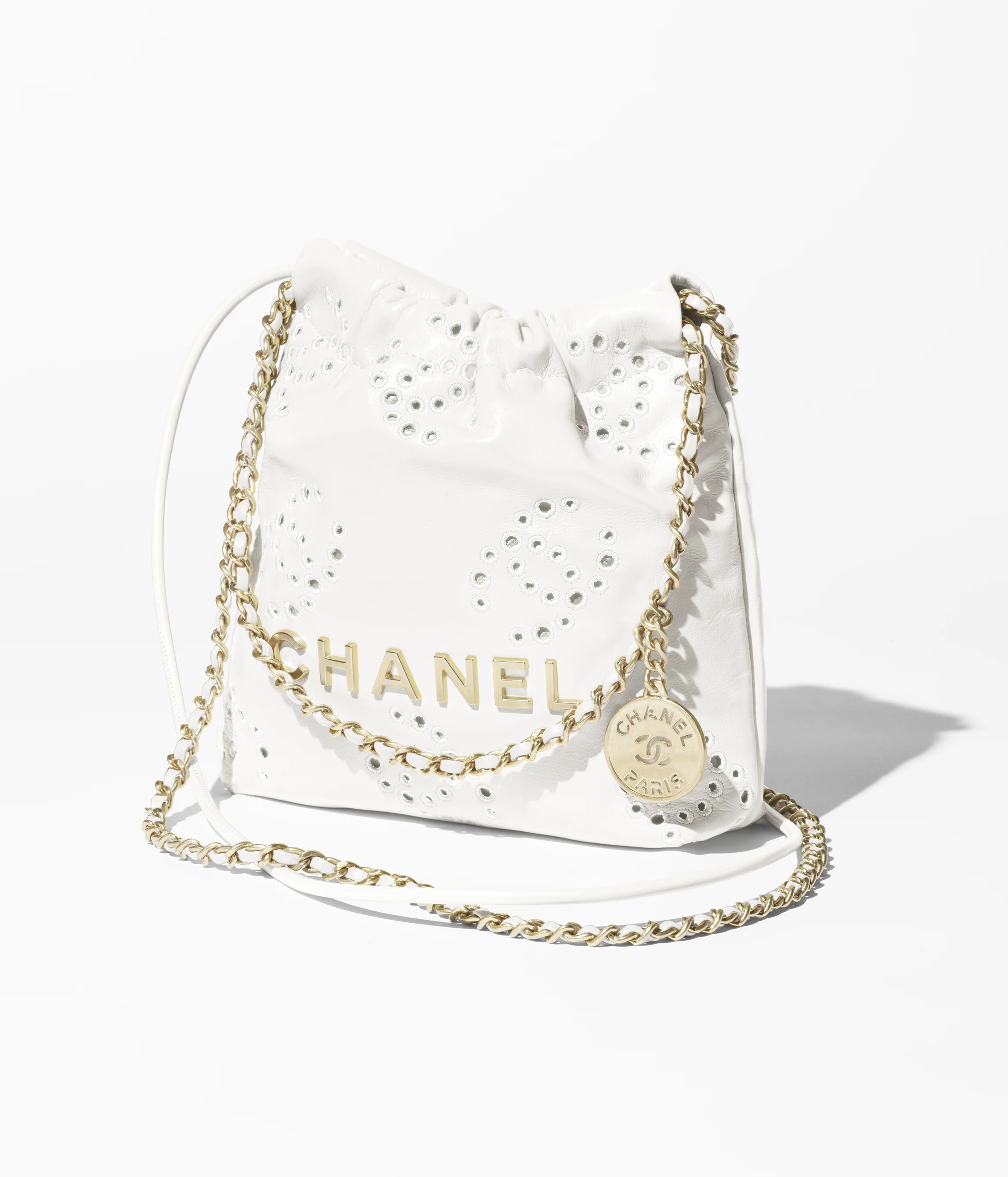 CHANEL 22 Mini Handbag Shiny Calfskin & Gold-Tone Metal White AS3980-B19648-10601