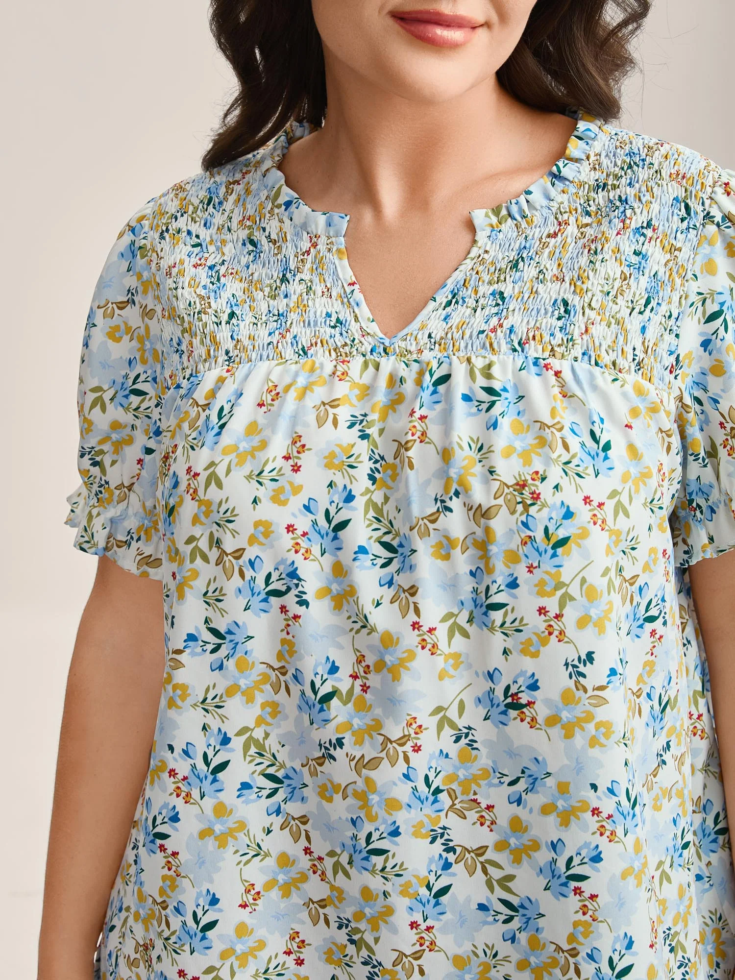 Floral Print Shirred Neck Blouse