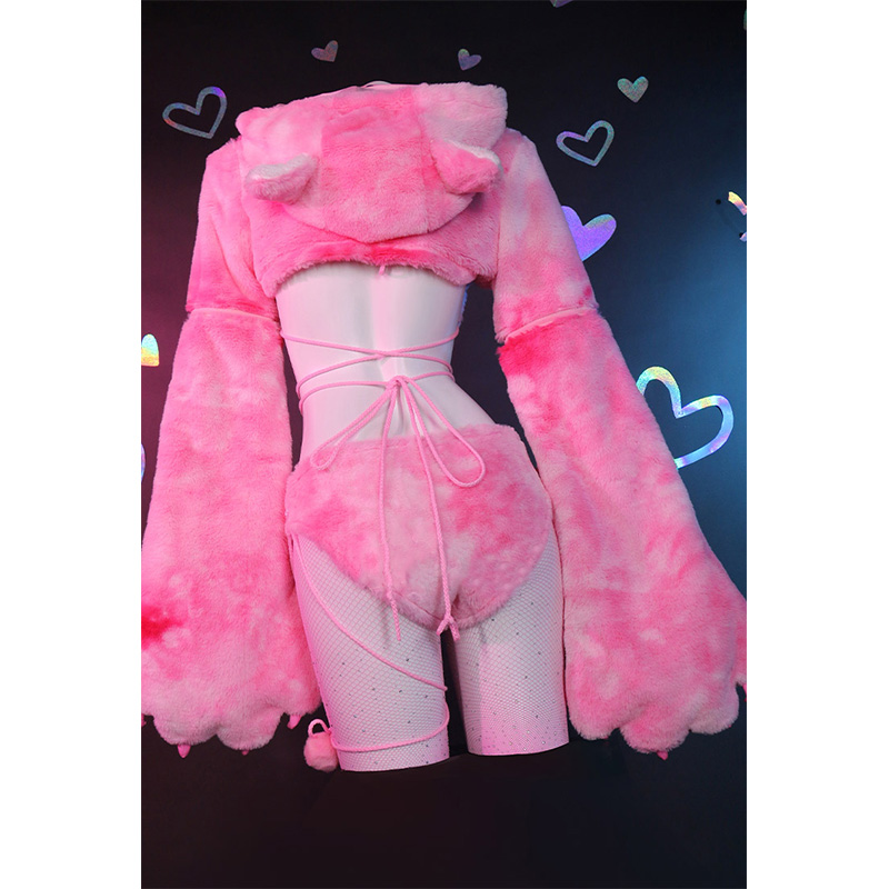 Cosplay Cartoon Kitty Paw Hooded Plush Lingerie Set