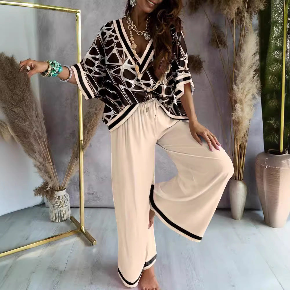 Printed Batwing Sleeve Top and Wide Leg Pants Suit for Women