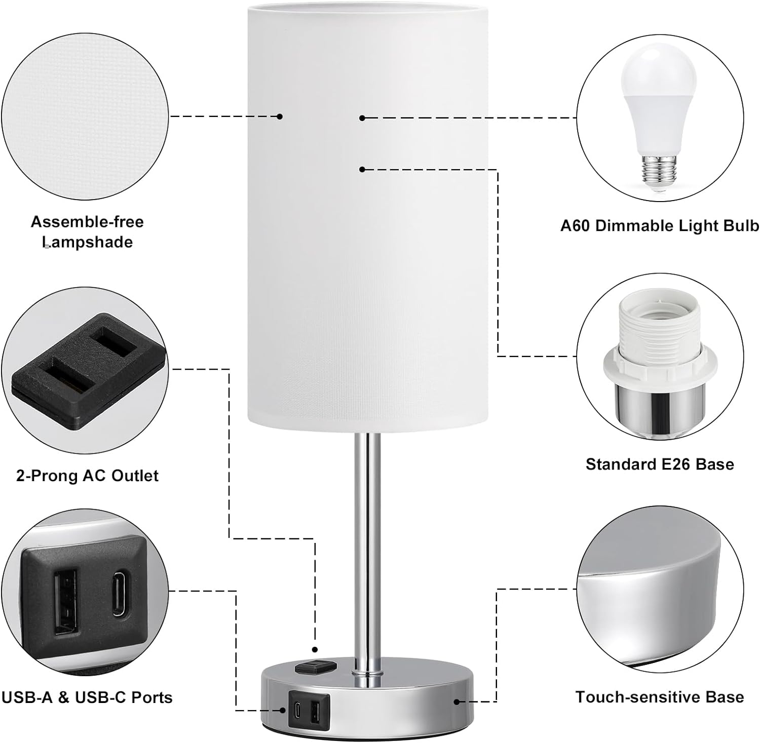 Bedside Table Lamp for Bedroom - 3 Way Dimmable Touch Lamp USB C Charging Ports and AC Outlet, Small Lamp Wood Base Round Flaxen Fabric Shade for Living Room, Desk, LED Bulb Included