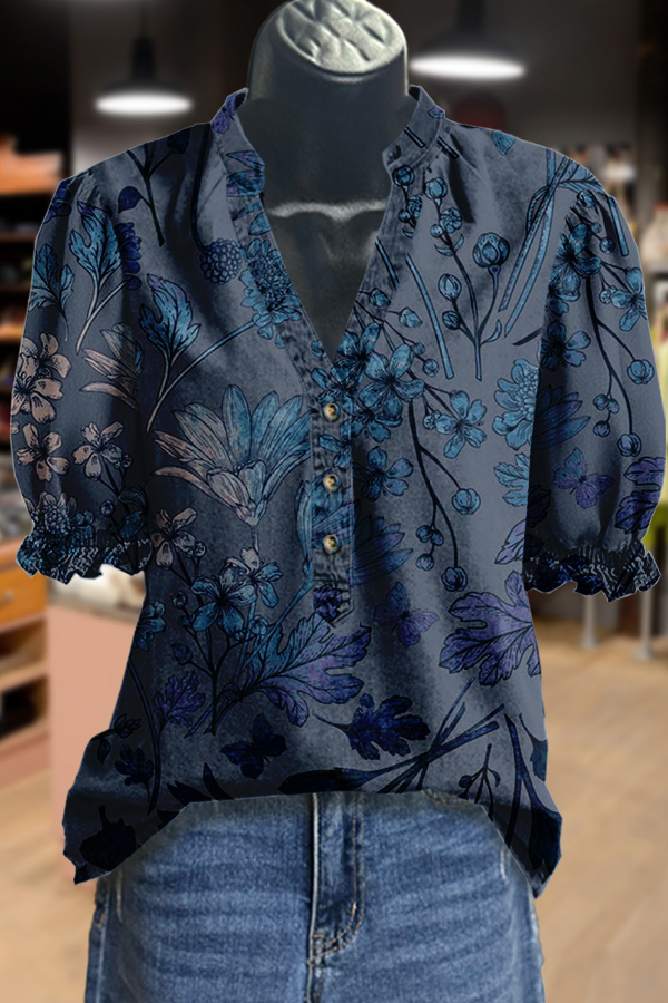 Vintage Floral Print V-Neck Top