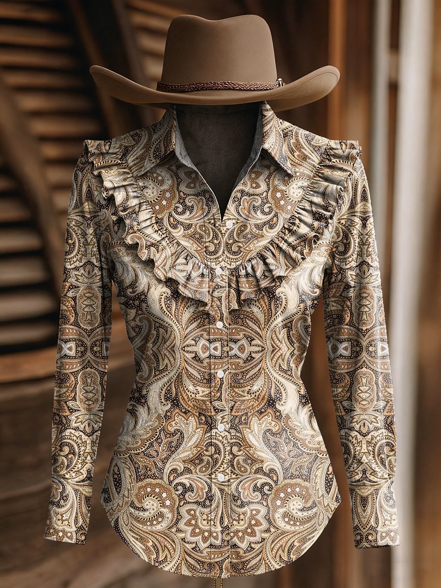 Women's Paisley Print Western Ruffle Long Sleeve Shirt