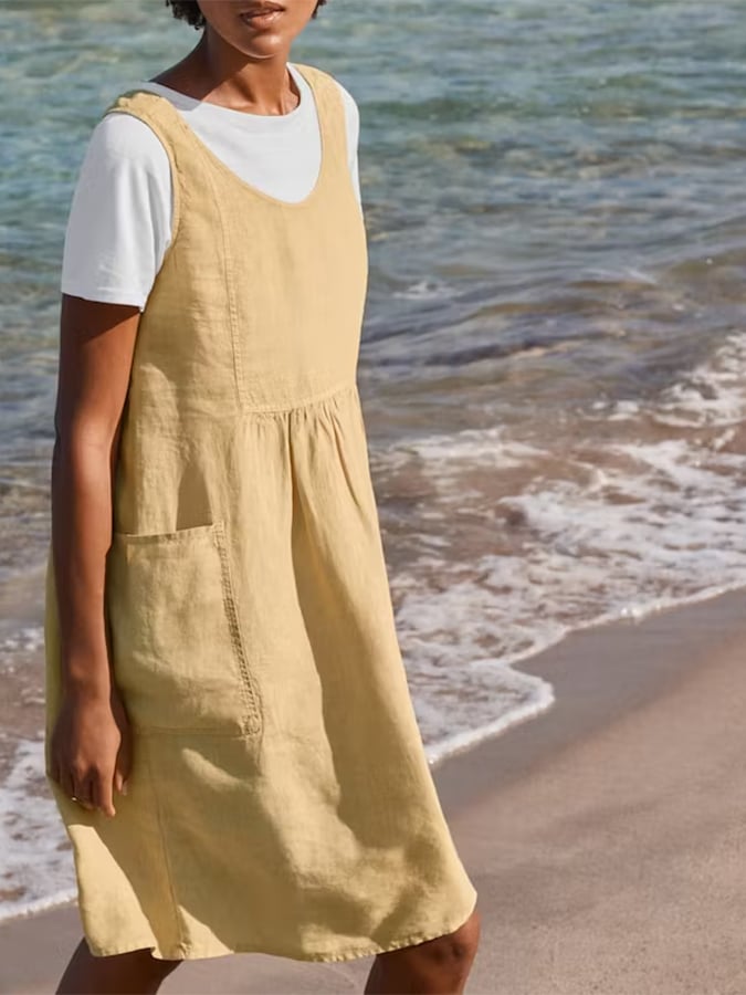 Cotton Linen Round Neck Sleeveless Pocket Simple Dress