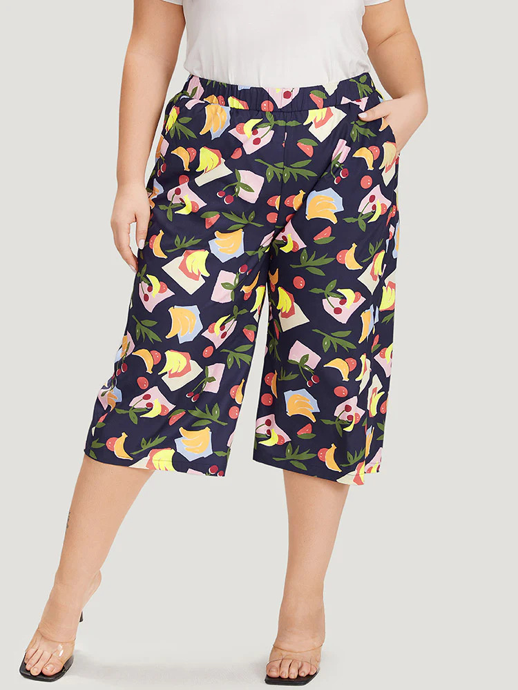 Fruit Print Slant Pocket Elastic Waist Pants