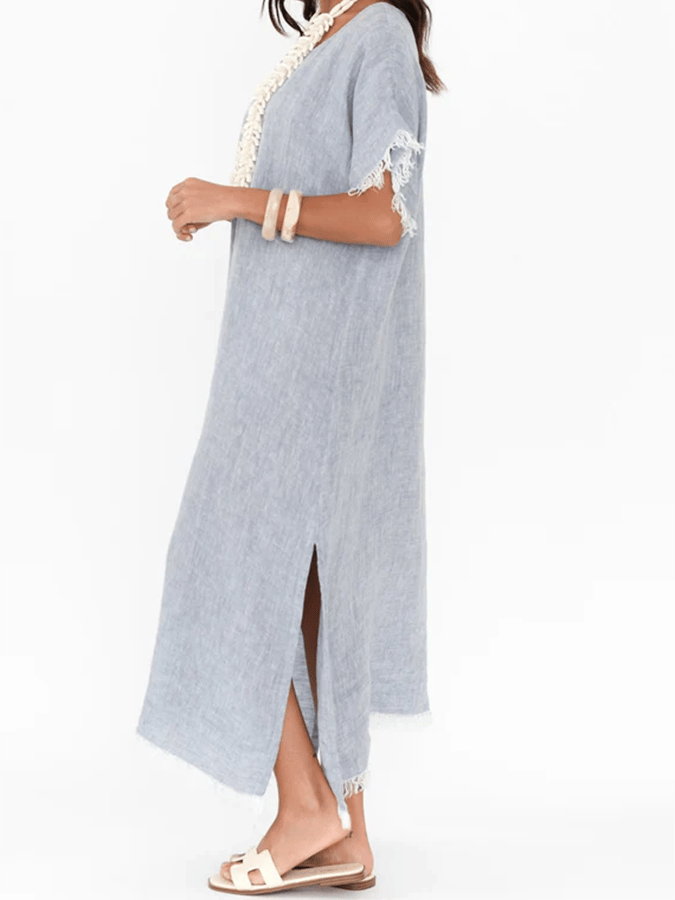 Women's Retro Contrast Tassel Design Round Neck Cotton And Linen Dress