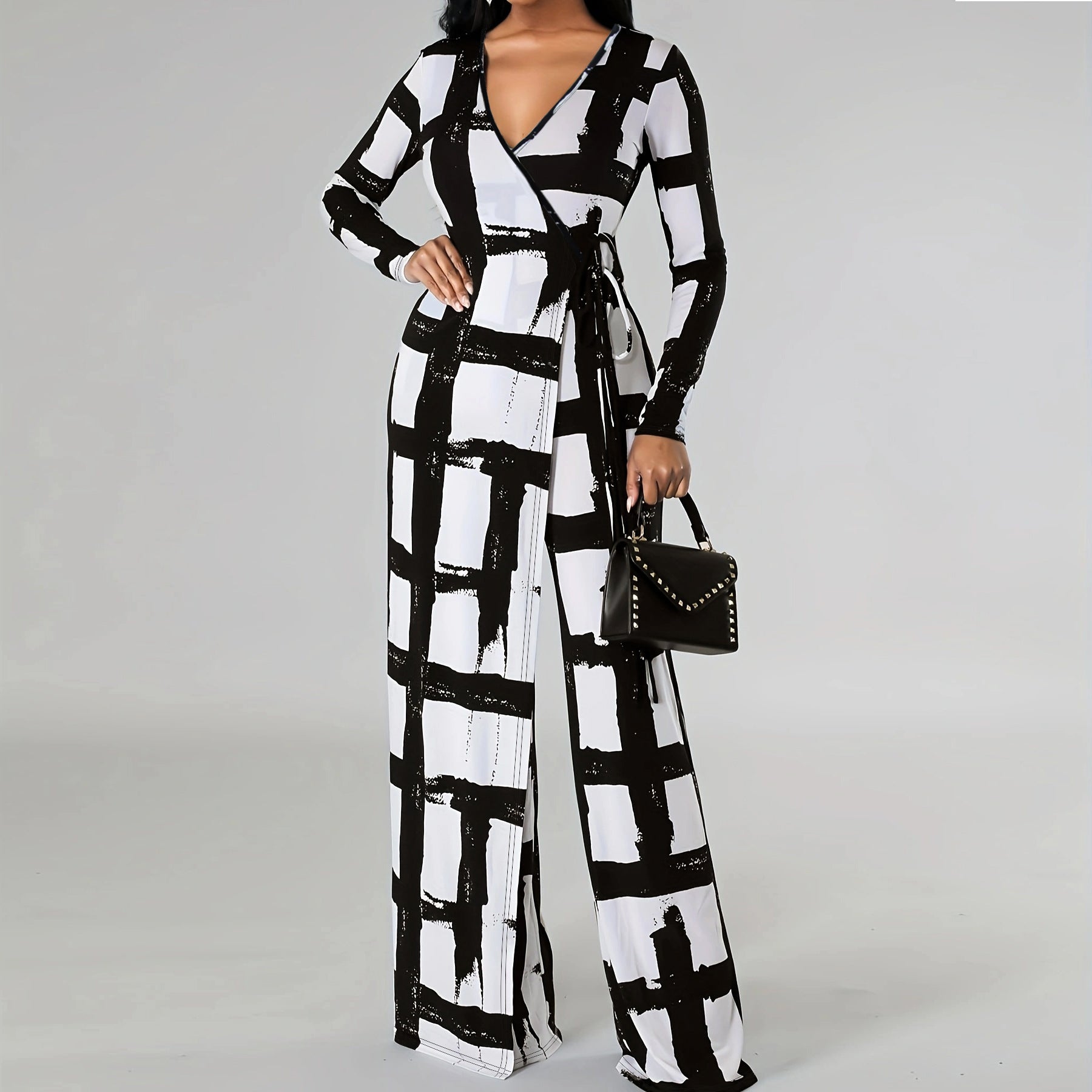 Plus Size Women Clothing V Neck Elements Printed Long Sleeve Loose Jumpsuit