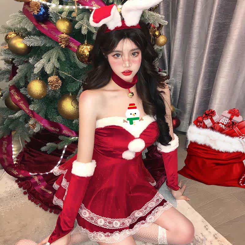Christmas Cosplay Double Lace Fuzzy Ball Off The Shoulder Dress