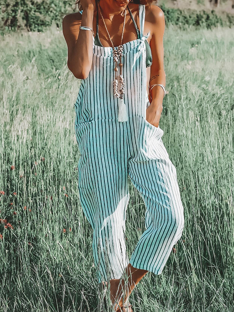 Stripe Front Lace Up Pocket Casual Jumpsuit