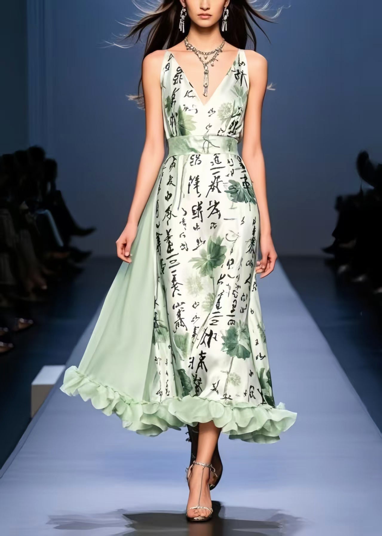 Bohemian Light Green Print Exra Large Hem Silk Cami Dresses Sleeveless