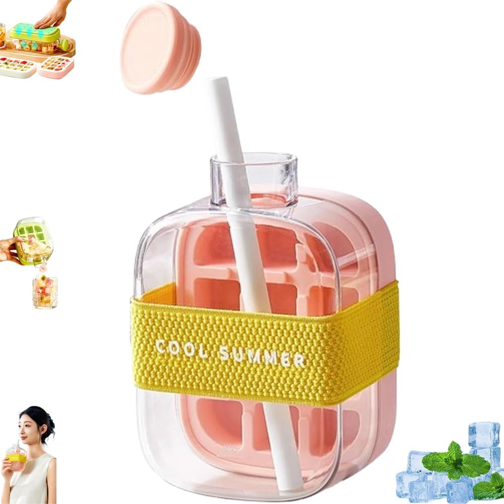 2-in-1 Ice Cube Water Bottle - Freeze & Sip with Touch-Free Release with Lid, Straw & Ice Bin