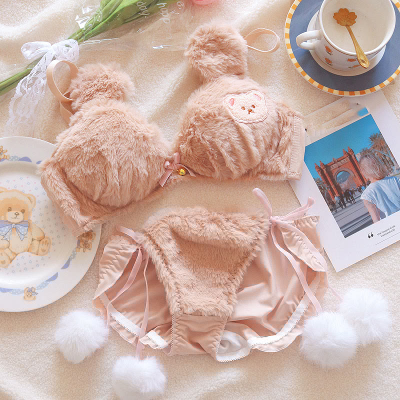 Kawaii Bear Embroidery Plush Lingerie Set