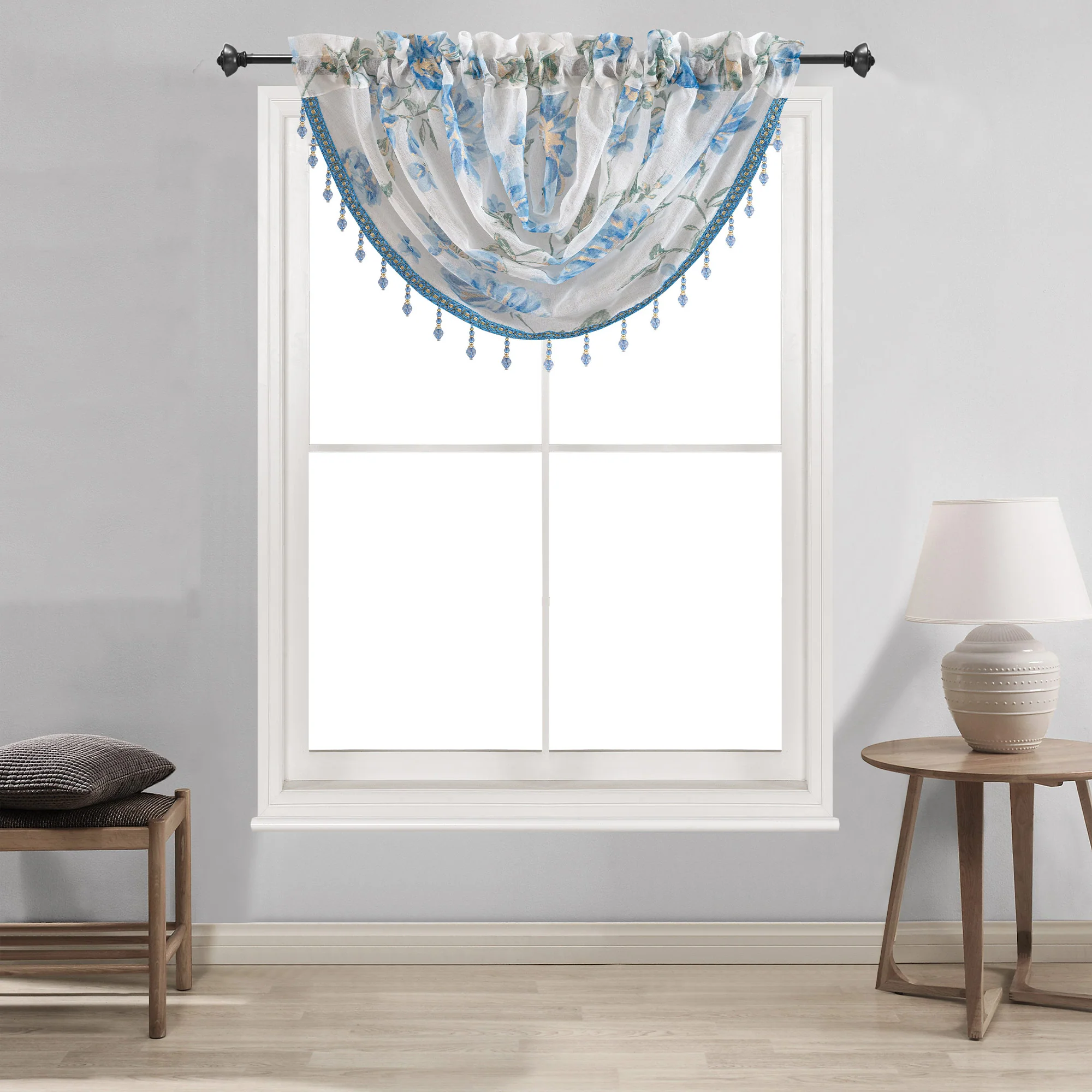 Anna Sheer Metallic Floral Rod Pocket Window Panel & Waterfall Valance, All Sold Separately