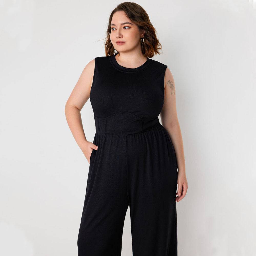 Plus Size Women Clothing Slimming Sleeveless Waist Trimming Casual Solid Color All Matching Jumpsuit Trousers