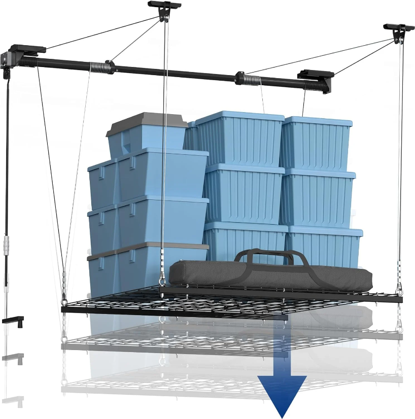 FLEXIMOUNTS Overhead Garage Lifting Storage Rack 4x4 Ft Heavy-Duty Metal Garage Ceiling Rack