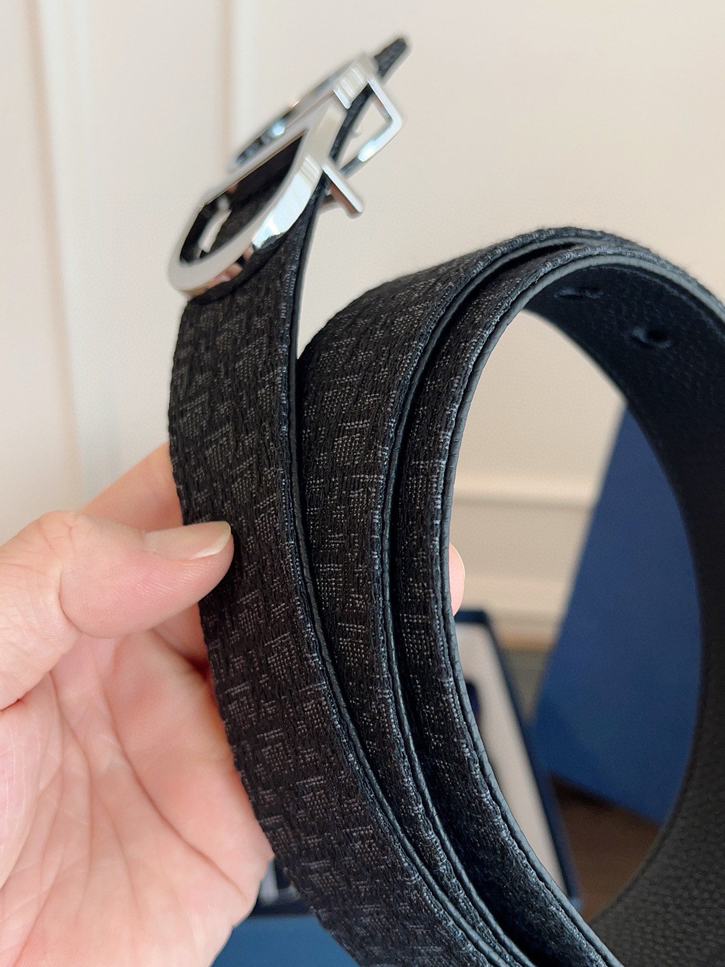 Dior Oblique Blue Cloth Black Cowhide Leather Strap 3.5cm Wide