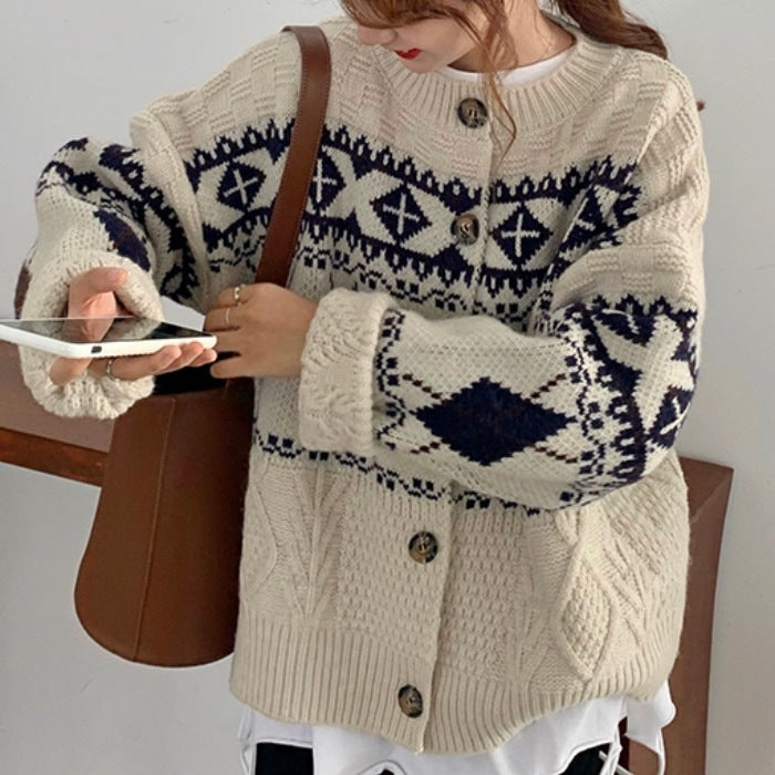 Retro Korean Style Loose Rhombus Pattern Thickened Student Sweater Coat