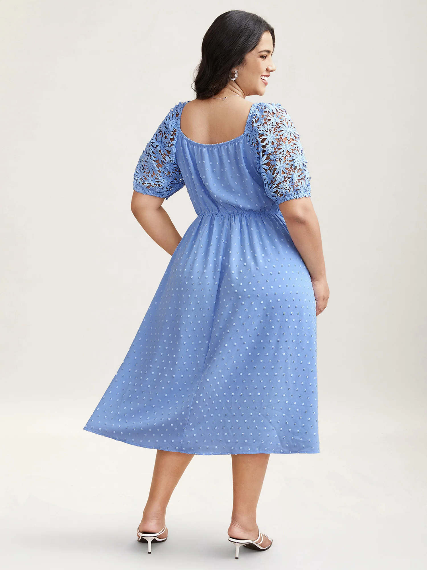 Textured Lace Sleeve Stretchy Waist Midi Dress