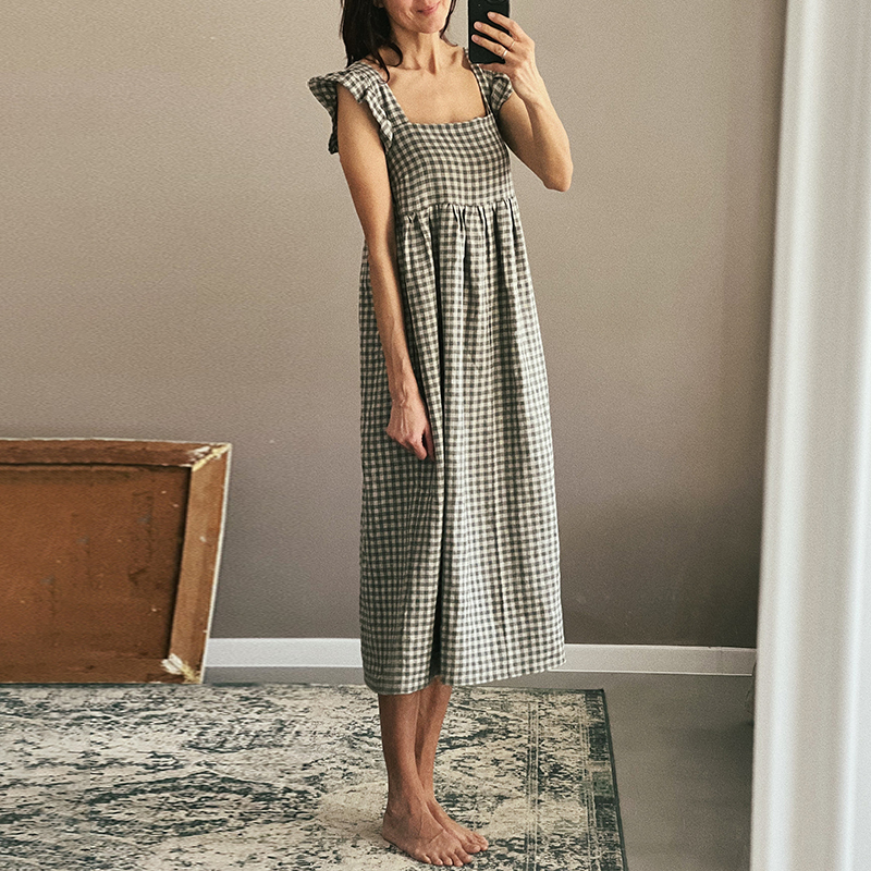 Checked Square Neck Ruffled Camisole Midi Dress