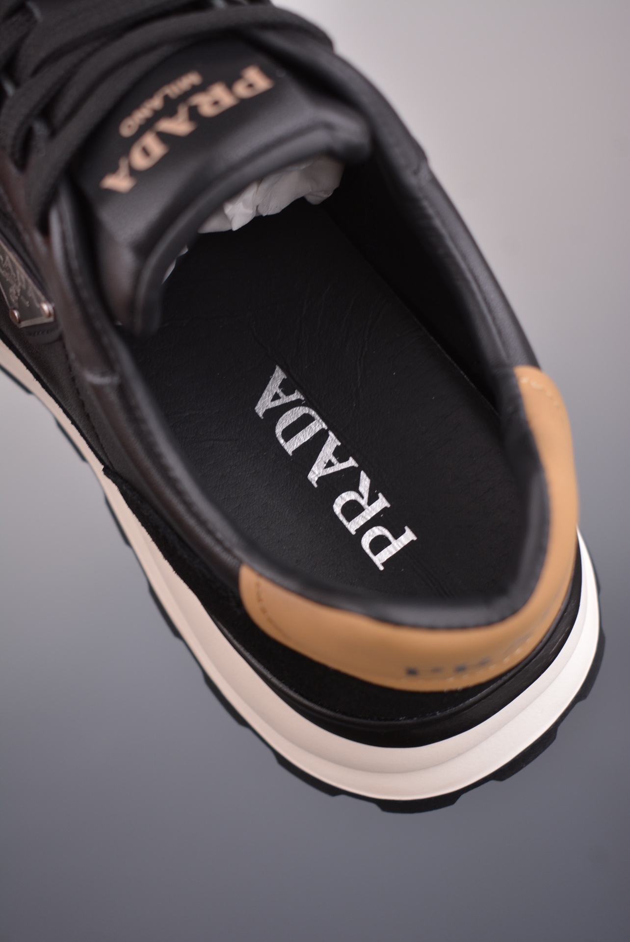 Prada PRAX 01 Triangle Logo Leather Sneakers Black White Brown 3D955M_3LF5_FG000