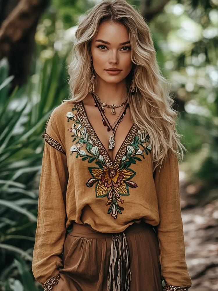 Vintage Floral Embroidery Art Linen V-neck T-shirt