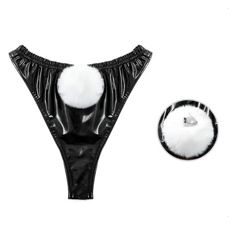 Cospaly Bunny Plaid Print Lace Up Slip PU Lingerie Set