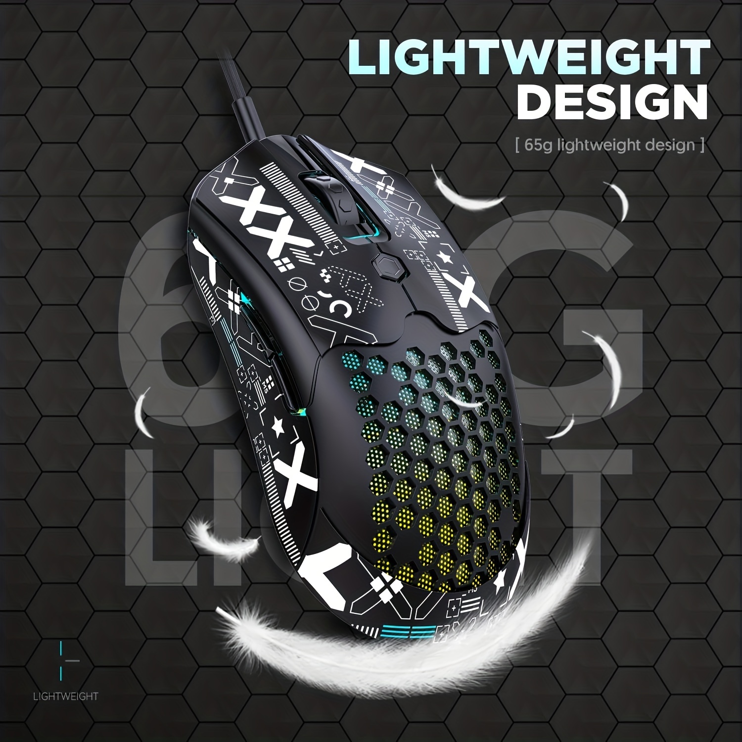 M5 Ultralight Wired Gaming Mouse, Lightweight Honeycomb Shell, Pixart PAW3325, 6 Adjustable DPI 12000, 26 RGB Breathing Backlit Mice, 65g, USB Optical Model O Mice For Win11/Xbox/PS/Mac