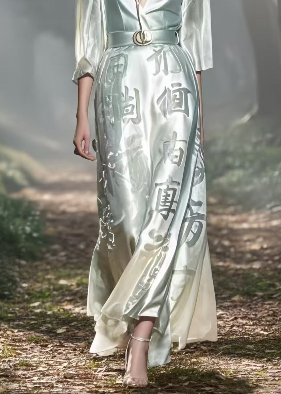 French White Deep-V Neck Print Silk Long Dress Bracelet Sleeve