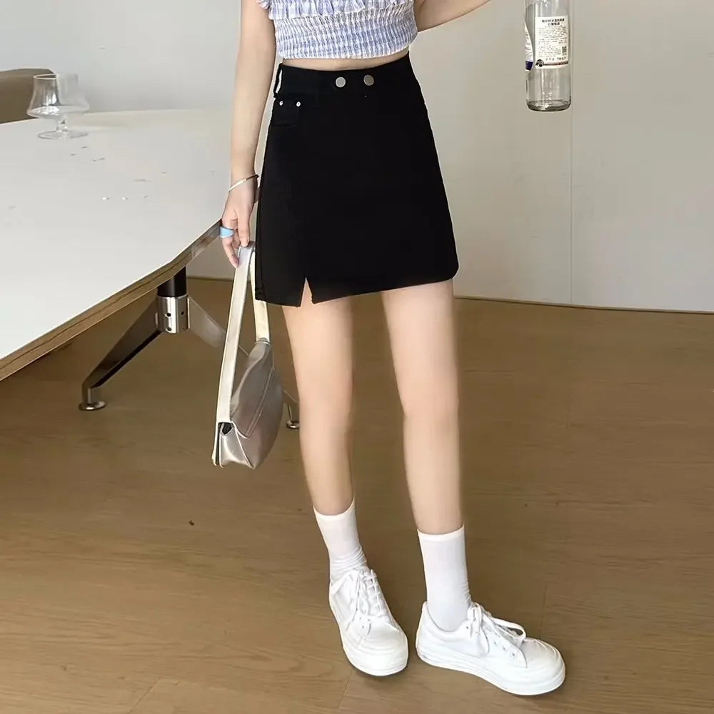 Double Button Denim Mini Skirt